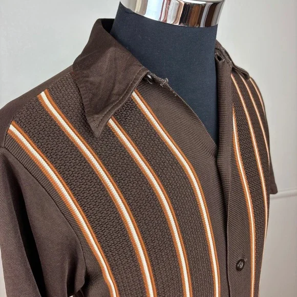 MarVista Sportswear Mens VTG Button Up Polo Shirt Sz S Short Sleeve Brown Stripe - Picture 12 of 17